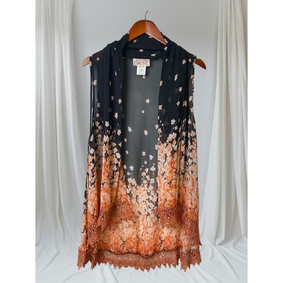 Lady Noiz Black Sheer Orange Print and Lace Waterfall Sleeveless Cardigan Medium - Picture 1 of 6